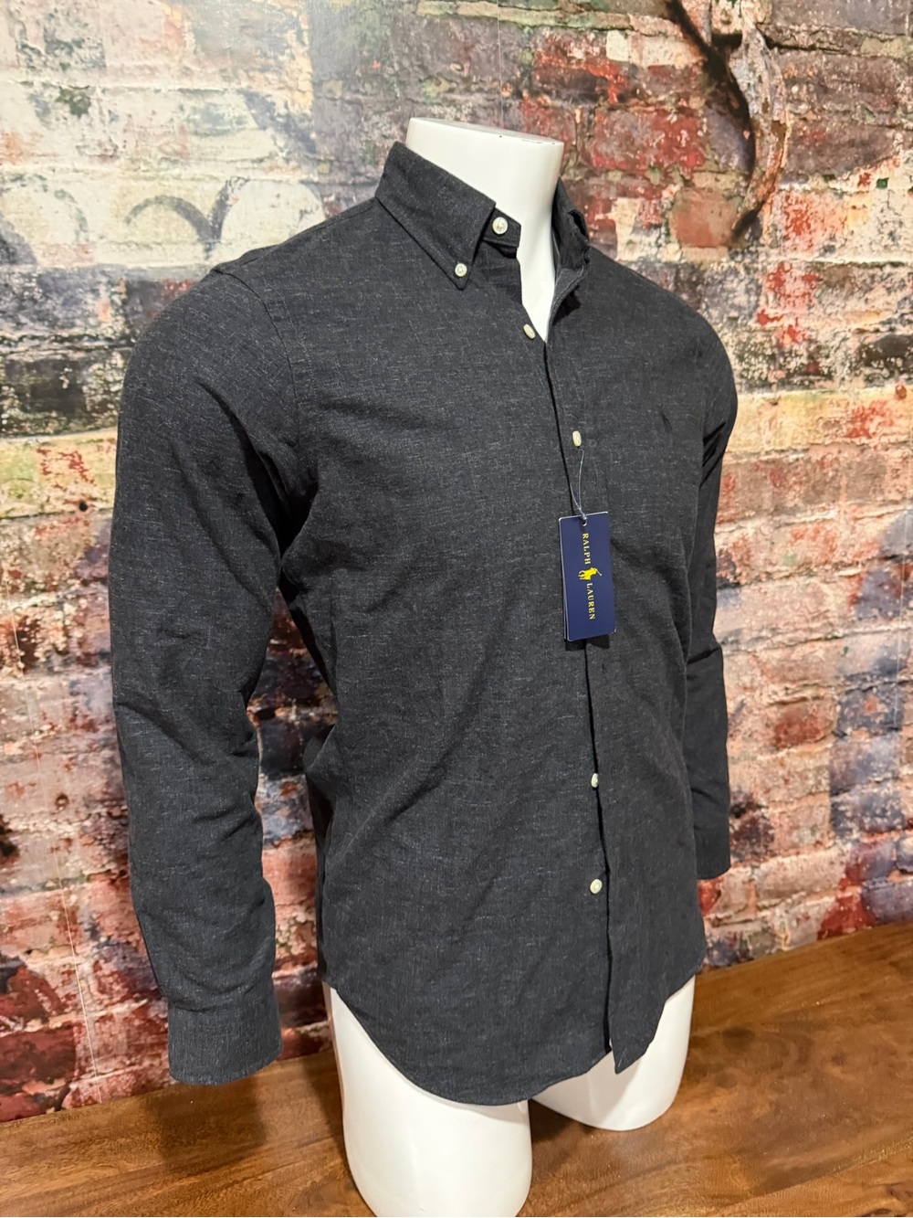 Ralph Lauren Dark Charcoal Gray Button-Down Polo Shirt - Picture 2 of 6